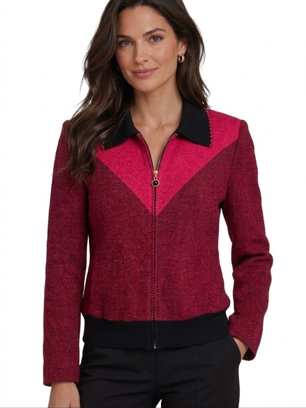 St John Vintage Zip Front Women's Chevron Pattern Cardigan Sweater Black and Red
